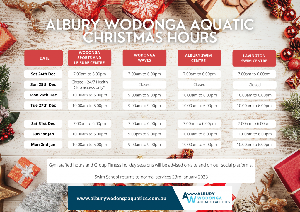 Our Facilities will be opening through the Christmas period, there will be some reduced hours.